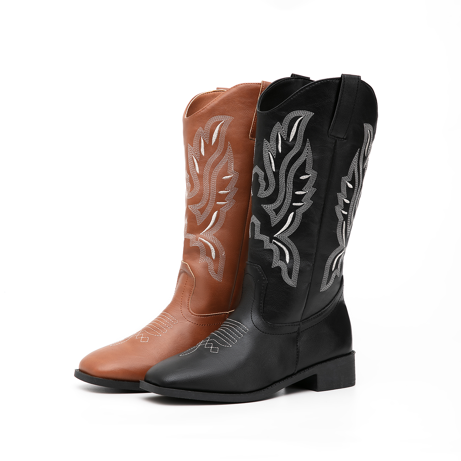  Women Embroidered Pull on Wide Calf Knee High Cowgirl Boots Classic Retro Chunky Heel 