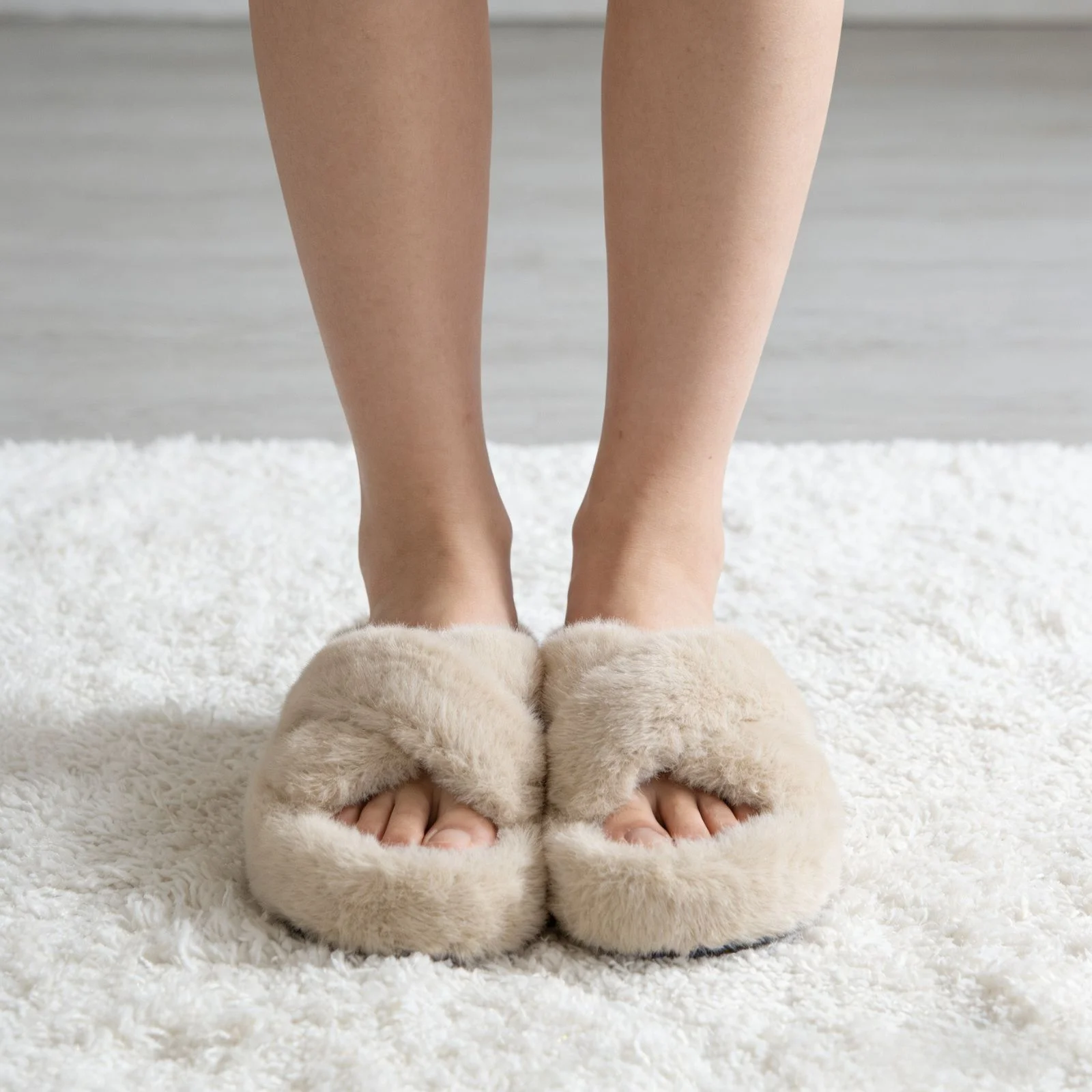 Women's Fuzzy Slippers Open Toe Cross Band