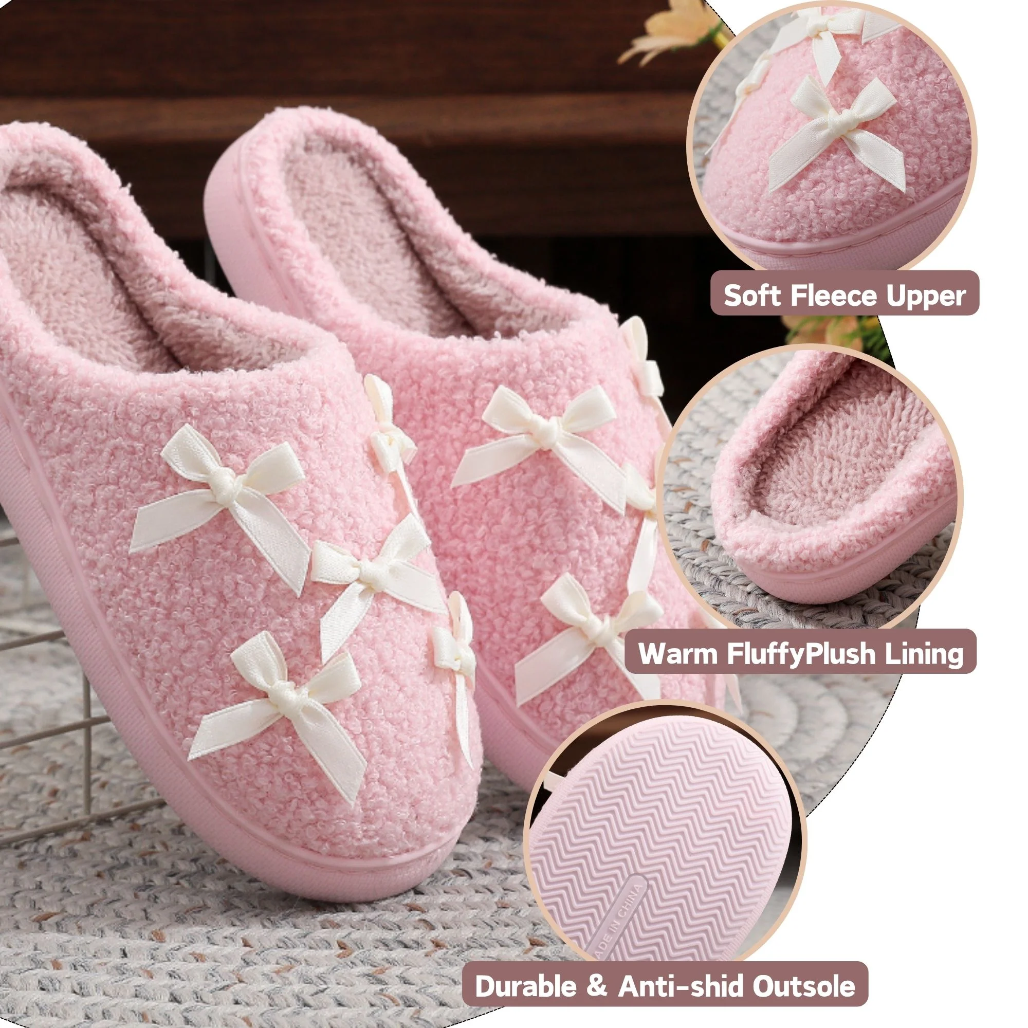  Bow Slippers for Women with Memory Foam Cute Plush House Slippers