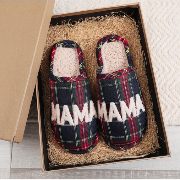 MAMA Bear Slippers for Women Warm Memory Foam Plaid Print Fuzzy Indoor Outdoor 