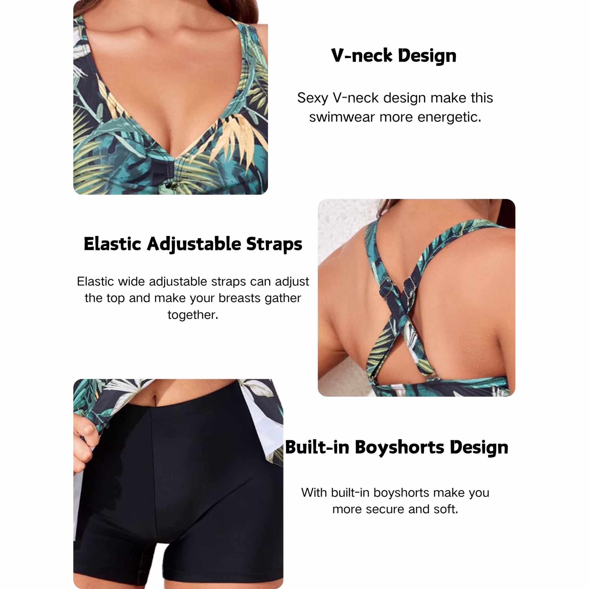 Sexy Deep V Neck Floral Print Tankini Swimsuits for Women