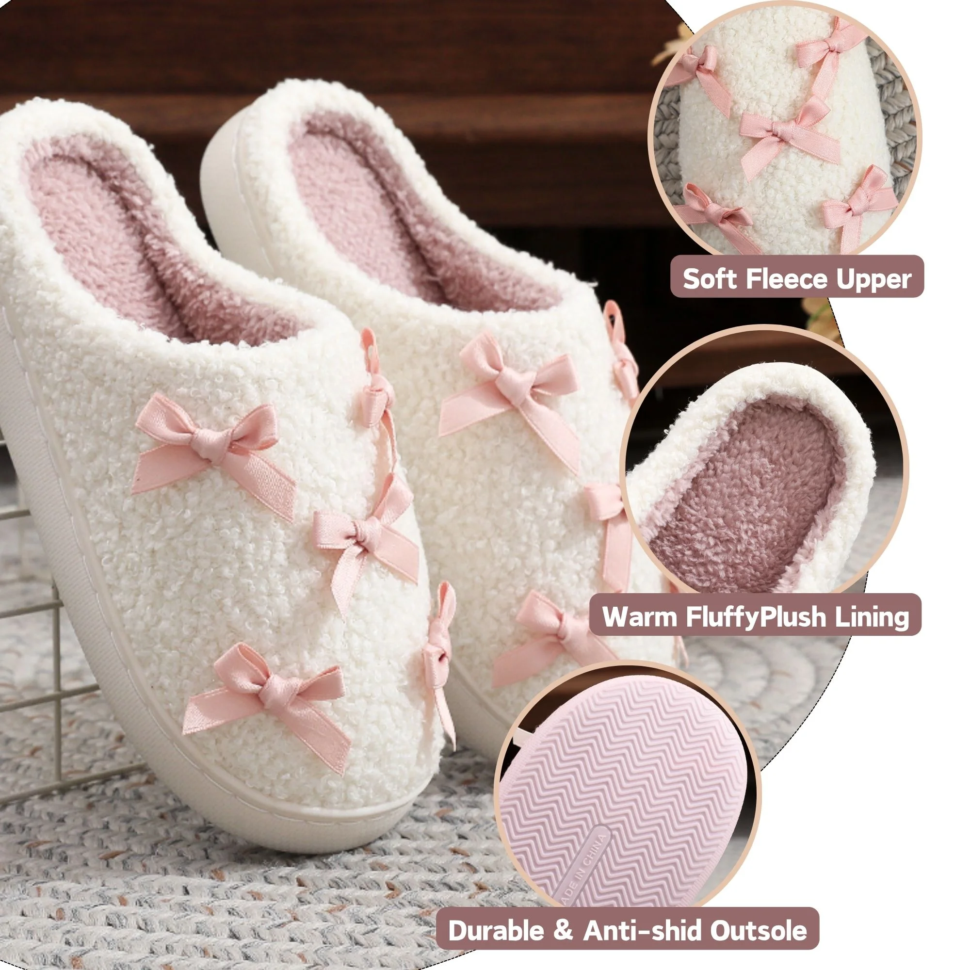  Bow Slippers for Women with Memory Foam Cute Plush House Slippers