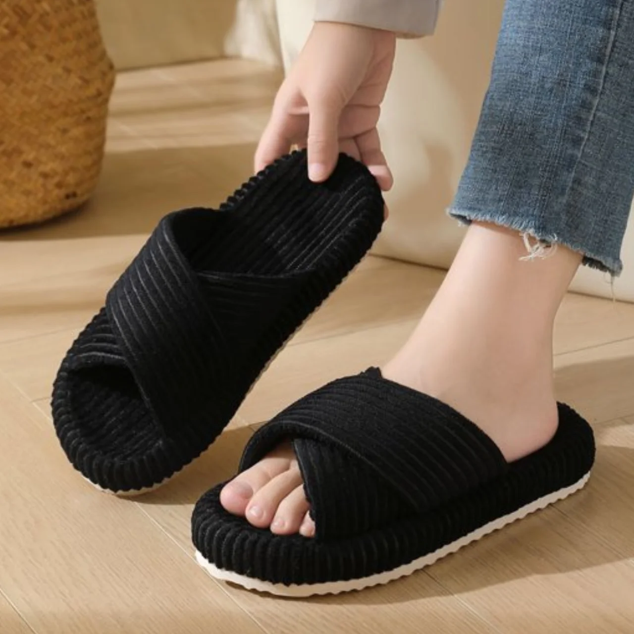  Women’s Corduroy Memory Foam Slippers Open Toe