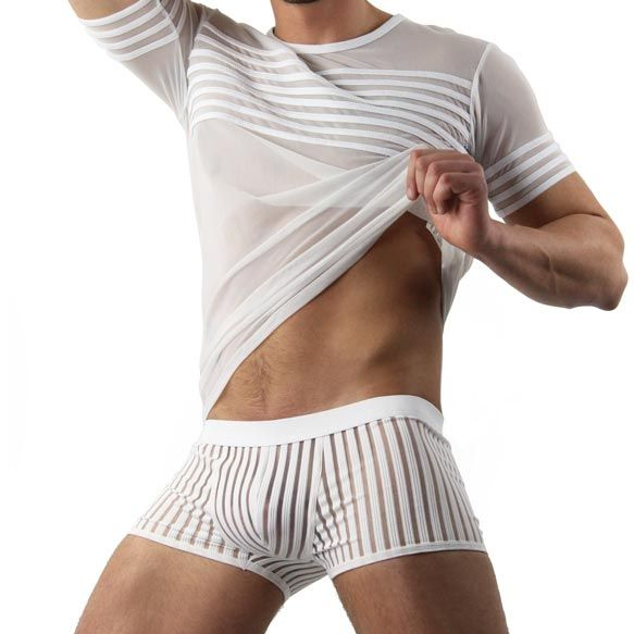 Sports Men's Trunks Swimwear with Vertical Mesh Stripes Boxer Briefs for Male Body-hugging Athletic Pants Guy Sheer Underpants