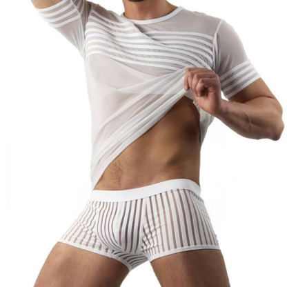 Sports Men's Trunks Swimwear with Vertical Mesh Stripes Boxer Briefs for Male Body-hugging Athletic Pants Guy Sheer Underpants