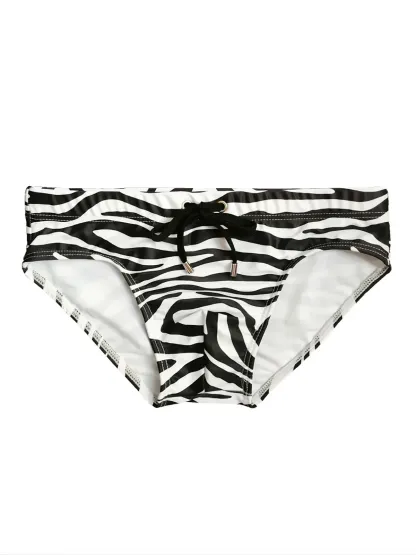 Digital Printing Zebra Print Drawstring Men's Guy Briefs Underwear Pants Breathable Quick Drying Bikini Swimwear Swim Briefs