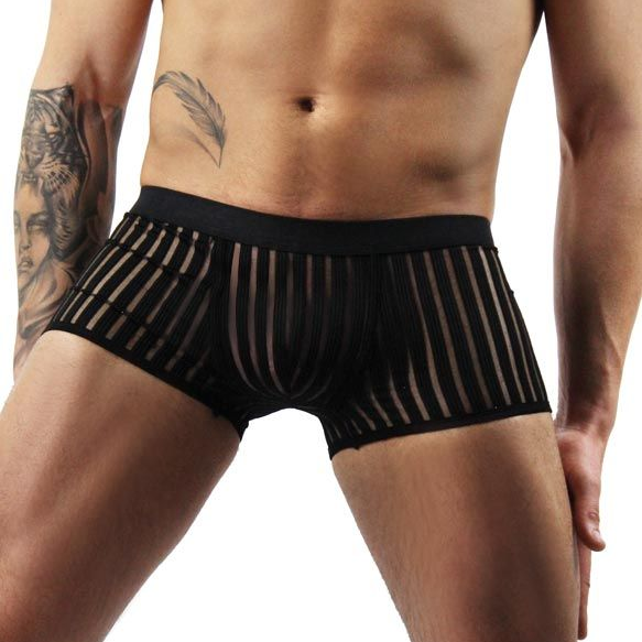 Sports Men's Trunks Swimwear with Vertical Mesh Stripes Boxer Briefs for Male Body-hugging Athletic Pants Guy Sheer Underpants