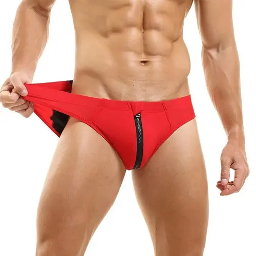 Open Front Zip Swim Men's Guy Contrast Briefs Men's Underwear Swimwear Beach Pool Low-rise Pants Underpants Grundies Sexy Bikini