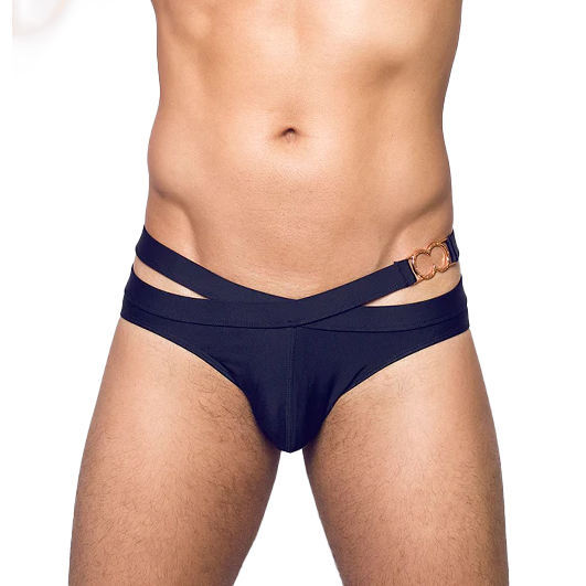 Double Strap Rose Gold Hardware Logo Swimwear Front Pouch Accentuate V-Taper Men's Swimwear Sexy Briefs