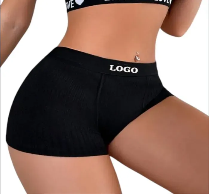 Yoga Ladies' Bra & Boyshorts Black Pink Underwear Set With Letter-Printed Elastic Tape-RANBAO