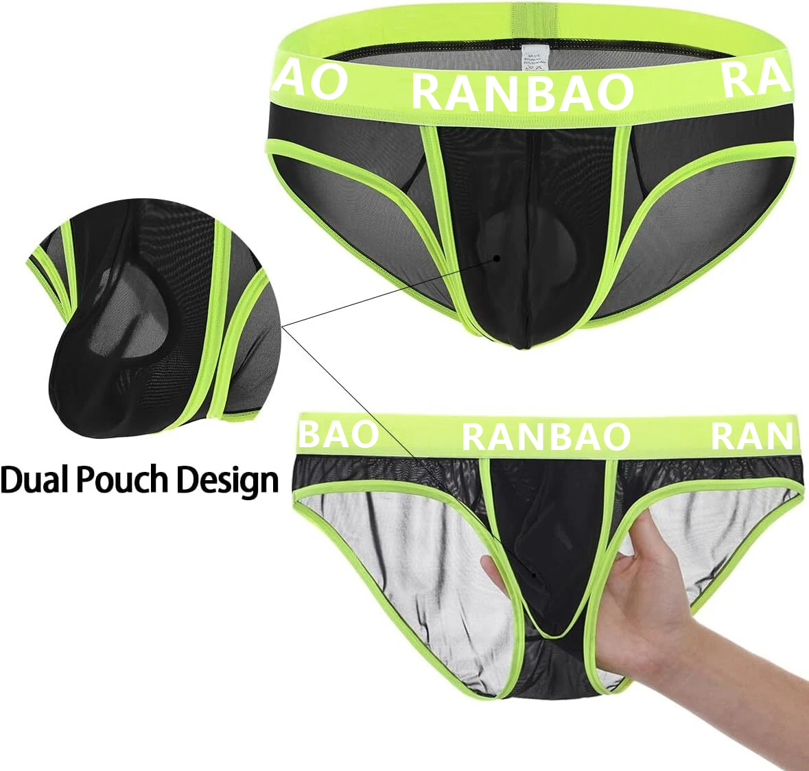 Men's Duel Pouch Mesh  Breathable Contrast Color Briefs for Men Underwear Sexy See Through Briefs