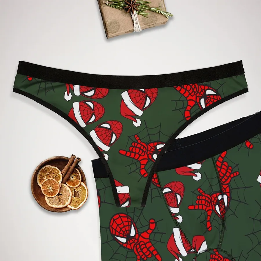 OEM Manufacturer Custom Matching Underwear Christmas Spider Web Hats Noel Couples Boxer & Thong Set-RANBAO