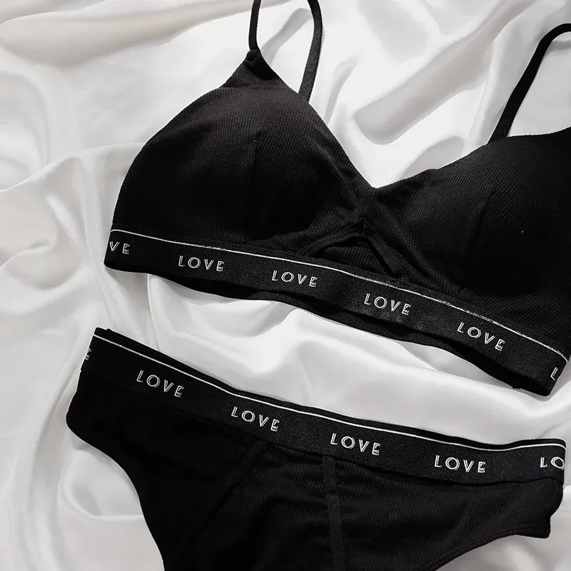 Customized Sexy Jacquard Letter Printed Bra Set Plus Size Triangle Cup Adjustable Wireless Lingerie Bikini Panties for Women-RANBAO