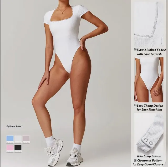 Wholesale New Cute Fashion Ribbed Sculpting Thony Shapewear Sexy Neck Short Sleeved Tummy Control Yoga Sports Bodysuit-RANBAO