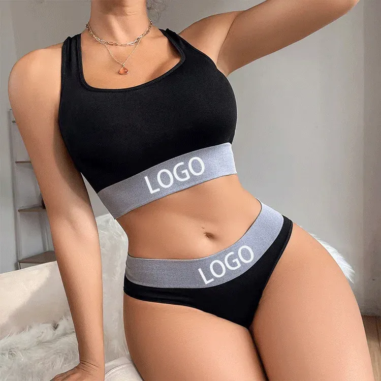 Custom Waist Logo Women Sports Fashion Letter Print Bra Set of Women Underwear Sport Two Piece Bra & Brief Sets-RANBAO