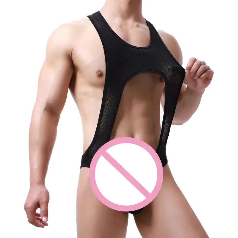Solid Bodysuits Mens Sexy Underwear Gay Man Bodysuit Hollow Out Mens Bodysuits-RANBAO