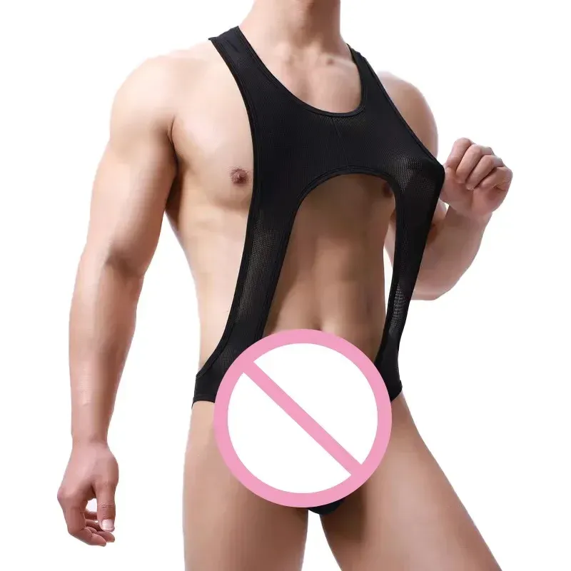 Solid Bodysuits Mens Sexy Underwear Gay Man Bodysuit Hollow Out Mens Bodysuits-RANBAO