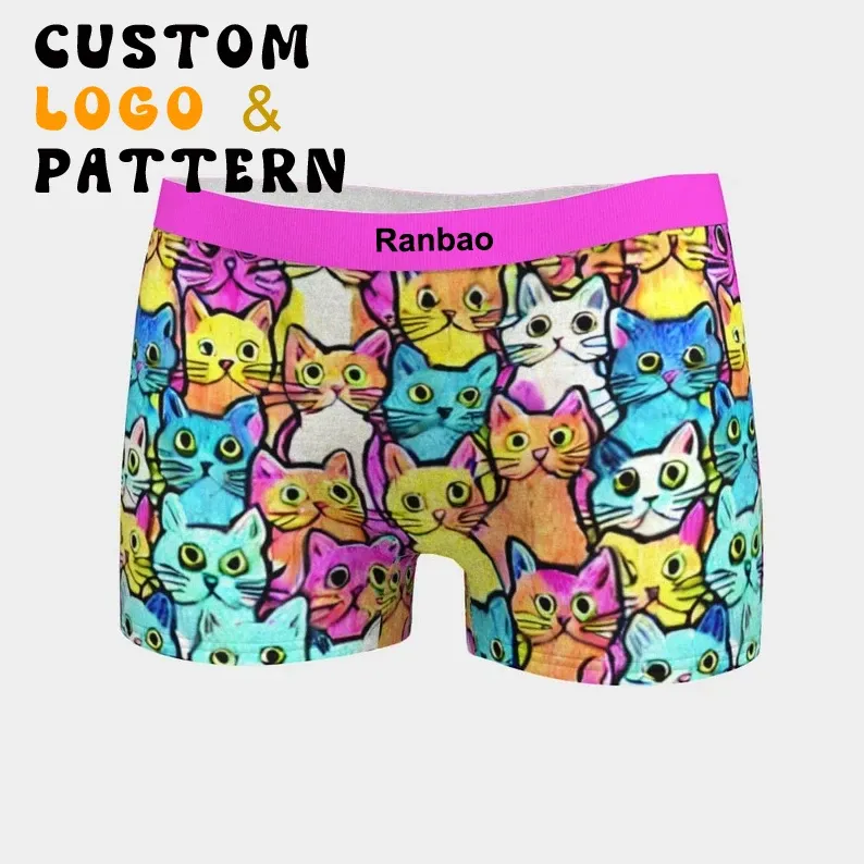 Womens Cute Cat Print Underwear Print Underwear Boyshorts Hipsters Knickers-RANBAO