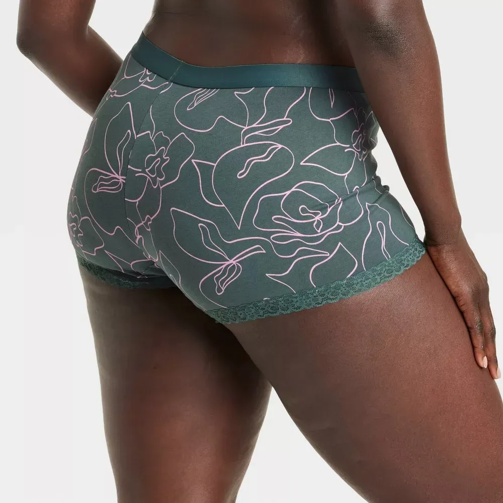 Women's Cotton Full Elastic Waistband Soft Lightweight Mid-rise Lace Lace-trim Leg Openings Boy Shorts-RANBAO