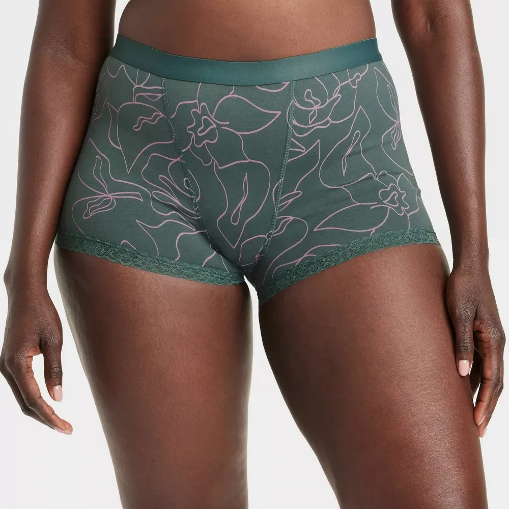 Women's Cotton Full Elastic Waistband Soft Lightweight Mid-rise Lace Lace-trim Leg Openings Boy Shorts-RANBAO