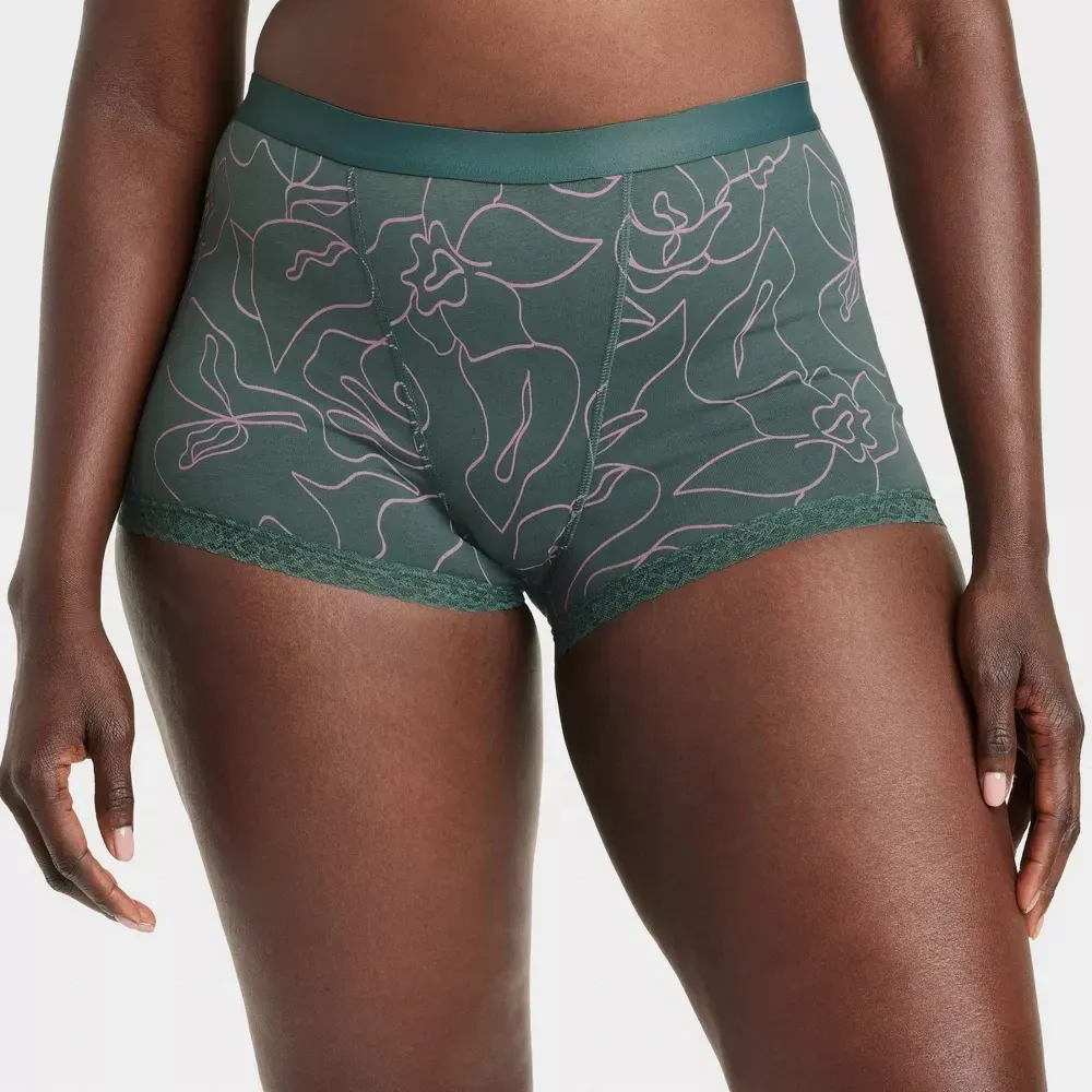 Women's Cotton Full Elastic Waistband Soft Lightweight Mid-rise Lace Lace-trim Leg Openings Boy Shorts-RANBAO