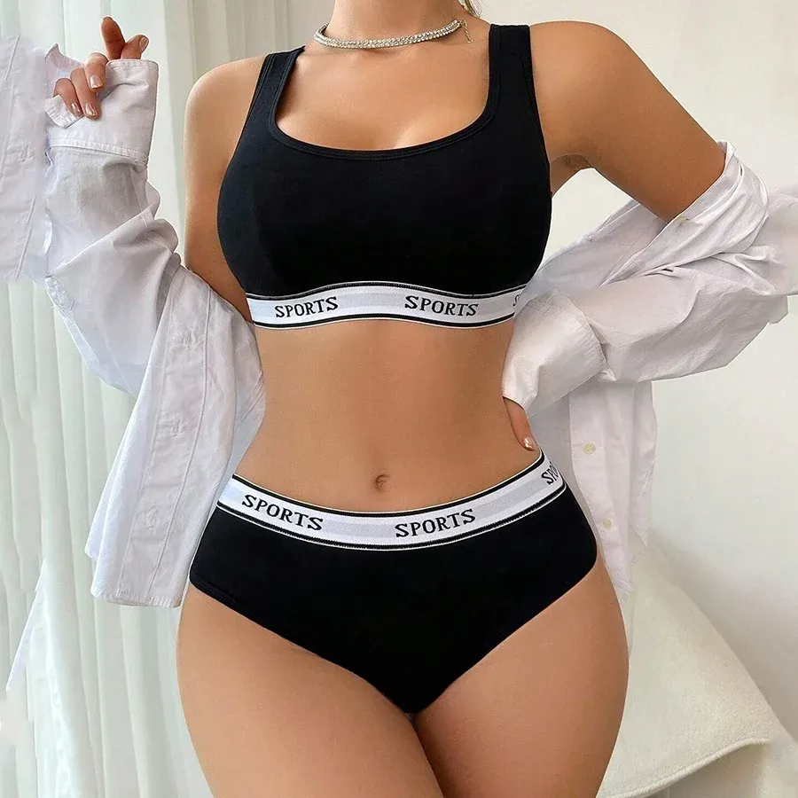 Wholesale Custom Logo Bra Sets Women Bra Panties Sport Lingerie Letter Printing Women Bra and Panties Set-RANBAO