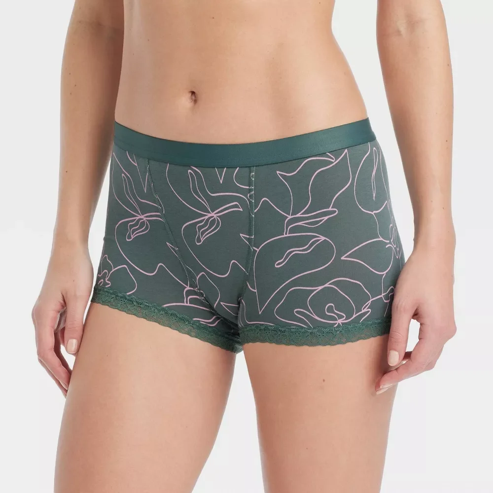 Women's Cotton Full Elastic Waistband Soft Lightweight Mid-rise Lace Lace-trim Leg Openings Boy Shorts-RANBAO