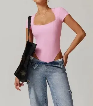 Wholesale New Cute Fashion Ribbed Sculpting Thony Shapewear Sexy Neck Short Sleeved Tummy Control Yoga Sports Bodysuit-RANBAO