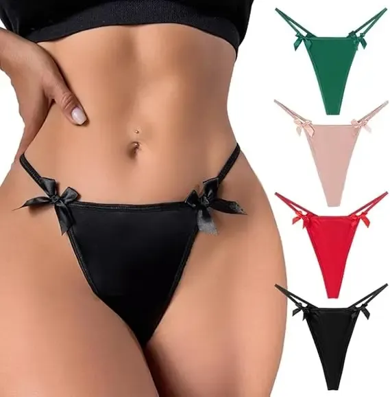 Women's Low-Rise Micro Back G-String Thong Panty Sexy Profile with Heart Buckle Bow Woven Logo on Waist-RANBAO
