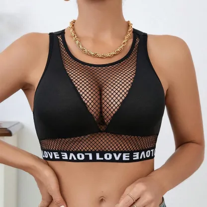 Manufacturer Polyester Elastane Custom Logo Tape Bralettes Mesh Patchwork Crop Top Women Letter Bras-RANBAO