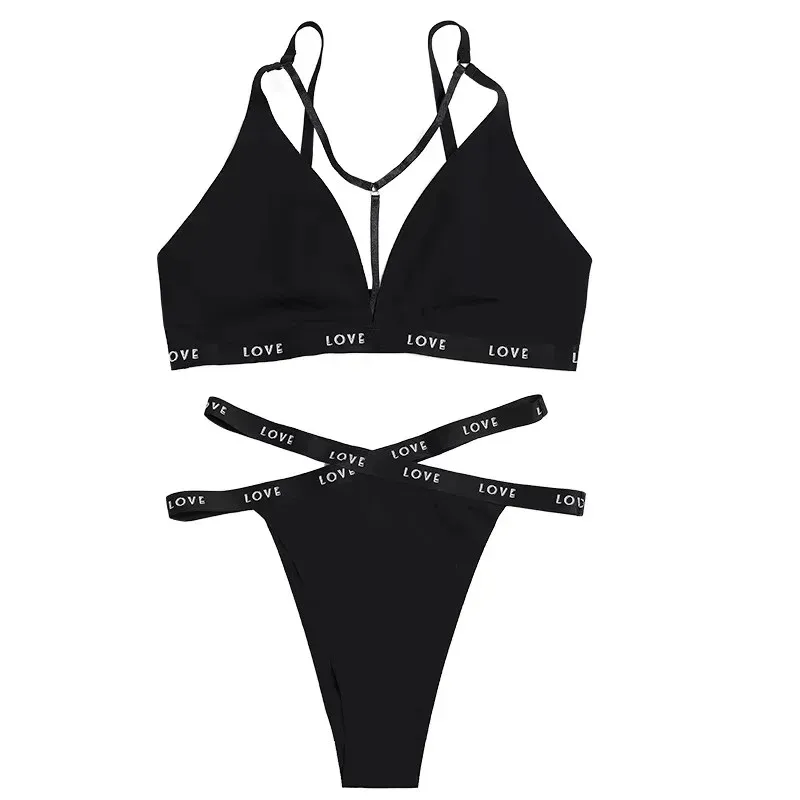 Wholesale 2 Piece Women's Sexy Sports Bra & Brief Sets Customized Size Triangle Cup Shape Wire-Free Support Logo on Waist-RANBAO