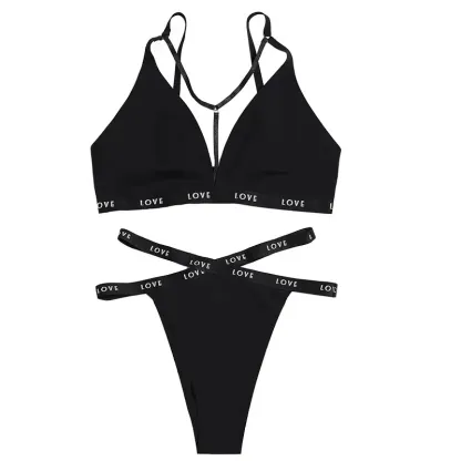 Wholesale 2 Piece Women's Sexy Sports Bra & Brief Sets Customized Size Triangle Cup Shape Wire-Free Support Logo on Waist-RANBAO