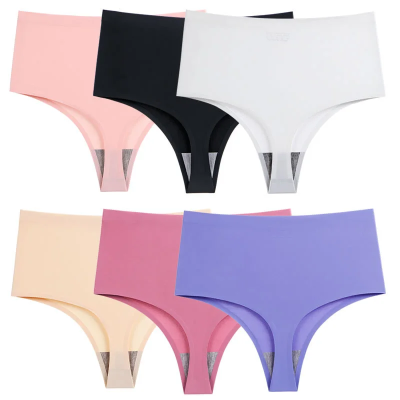 High-Waisted Large Size Thong Panties Women's Ice Silk One-Piece Seamless Sexy Panties Sports Quick Dry Briefs Thongs-RANBAO
