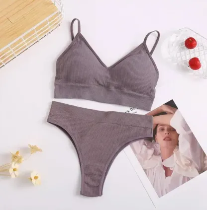 Women Padded Bra and Brazilian Panties Set Seamless Bralette Brief Sports Sexy Thongs Panty Girl Fitness Crop Top Underwear-RANBAO