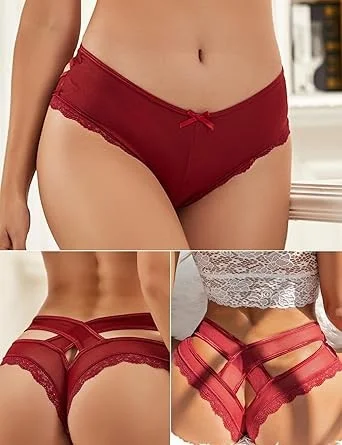 Women's Plus Size Everyday Lace Knickers Low Waisted Cheeky Underwear Hipster Bikini Panties Hollow-Out Thongs Ladies Briefs-RANBAO