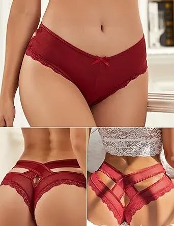 Women's Plus Size Everyday Lace Knickers Low Waisted Cheeky Underwear Hipster Bikini Panties Hollow-Out Thongs Ladies Briefs-RANBAO