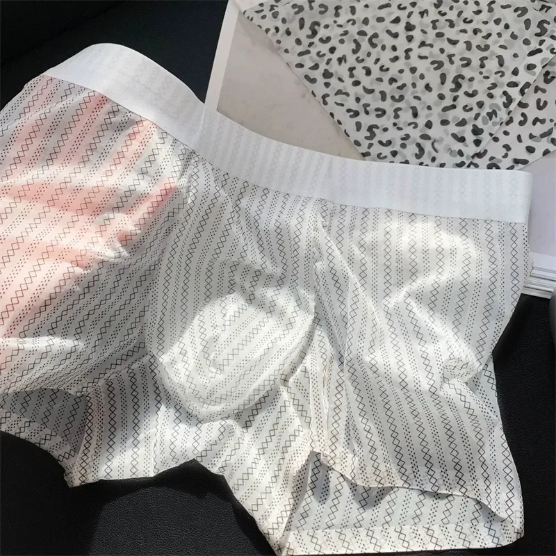 Men'S Summer Leopard Print Sexy Underwear Ice Silk Mid-Waist Comfort Breathable Boxer Briefs-RANBAO