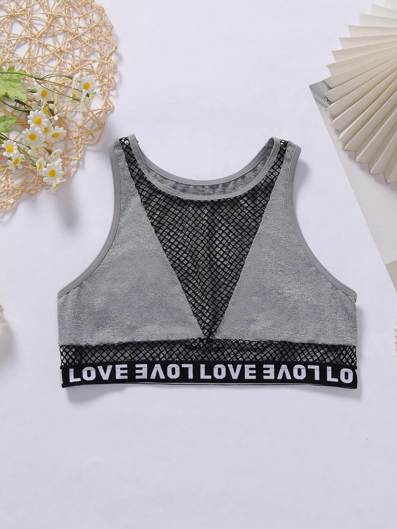 Manufacturer Polyester Elastane Custom Logo Tape Bralettes Mesh Patchwork Crop Top Women Letter Bras-RANBAO