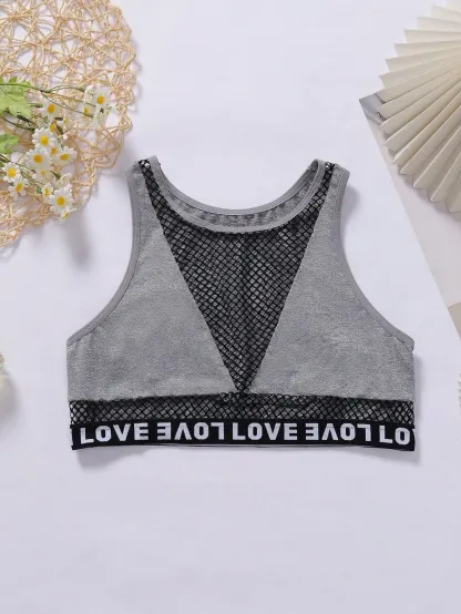 Manufacturer Polyester Elastane Custom Logo Tape Bralettes Mesh Patchwork Crop Top Women Letter Bras-RANBAO
