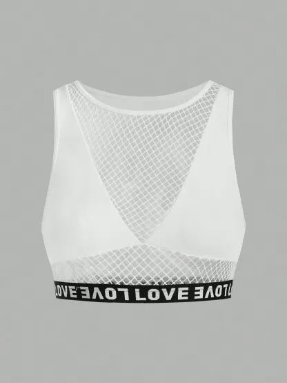 Manufacturer Polyester Elastane Custom Logo Tape Bralettes Mesh Patchwork Crop Top Women Letter Bras-RANBAO