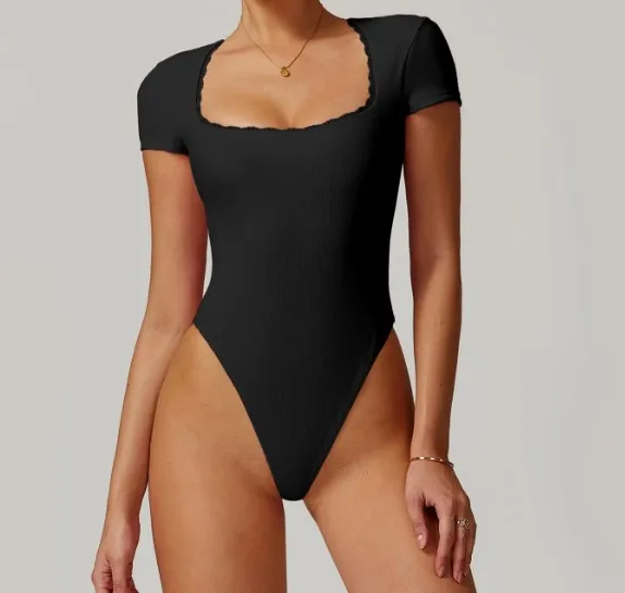 Wholesale New Cute Fashion Ribbed Sculpting Thony Shapewear Sexy Neck Short Sleeved Tummy Control Yoga Sports Bodysuit-RANBAO