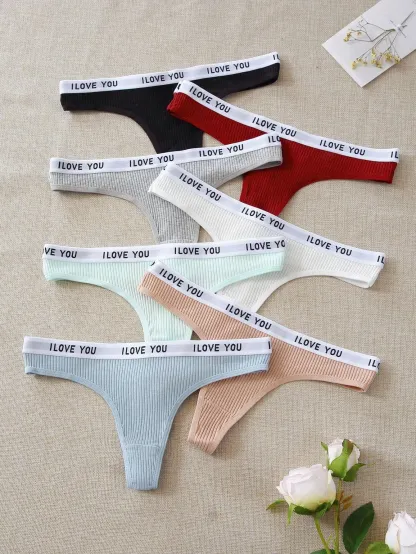 Wholesale Custom Logo Comfortable Fabric Slogan Tape Waist Panty Women Thongs Low-Rise XL 4XL Breathable Print Underwear Adults-RANBAO