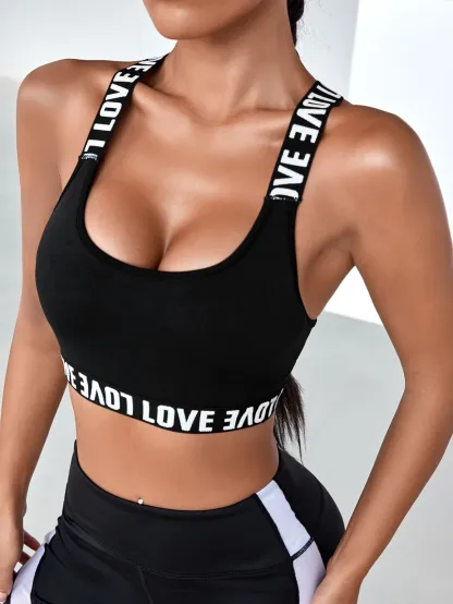 Custom Logo Yoga Trendy Contrast Letter Tape Crisscross Back Women Activewear Intimates Sports Bra-RANBAO