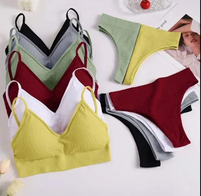 Women Padded Bra and Brazilian Panties Set Seamless Bralette Brief Sports Sexy Thongs Panty Girl Fitness Crop Top Underwear-RANBAO