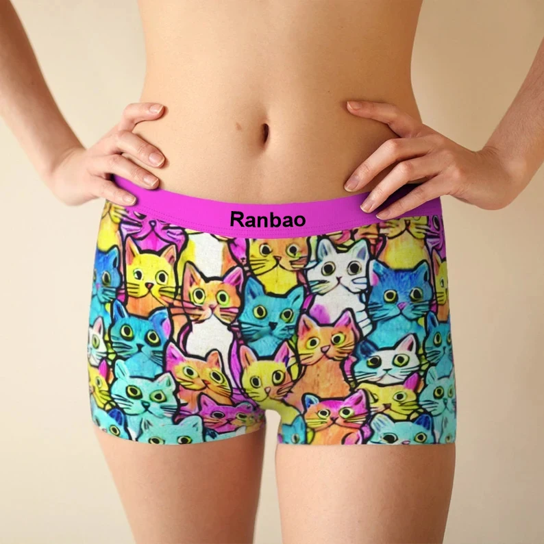 Womens Cute Cat Print Underwear Print Underwear Boyshorts Hipsters Knickers-RANBAO