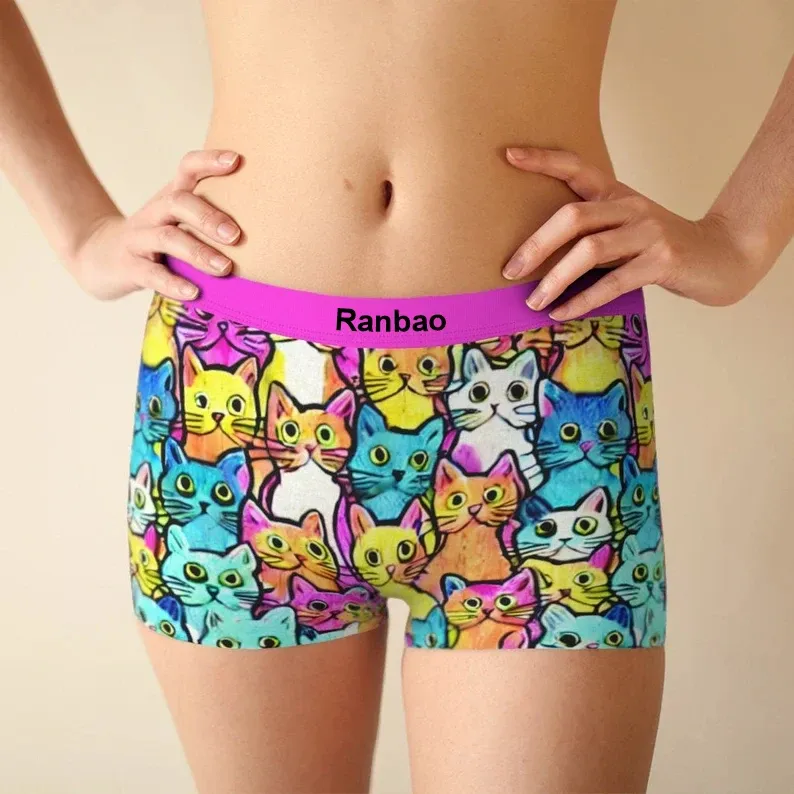 Womens Cute Cat Print Underwear Print Underwear Boyshorts Hipsters Knickers-RANBAO