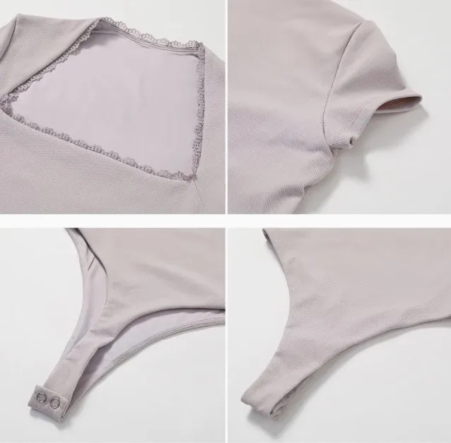 Wholesale New Cute Fashion Ribbed Sculpting Thony Shapewear Sexy Neck Short Sleeved Tummy Control Yoga Sports Bodysuit-RANBAO