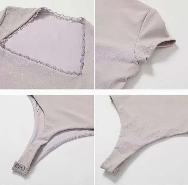 Wholesale New Cute Fashion Ribbed Sculpting Thony Shapewear Sexy Neck Short Sleeved Tummy Control Yoga Sports Bodysuit-RANBAO