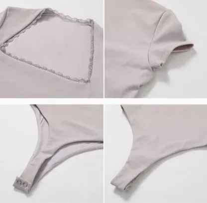 Wholesale New Cute Fashion Ribbed Sculpting Thony Shapewear Sexy Neck Short Sleeved Tummy Control Yoga Sports Bodysuit-RANBAO