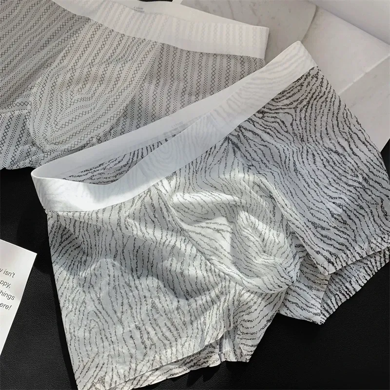Men'S Summer Leopard Print Sexy Underwear Ice Silk Mid-Waist Comfort Breathable Boxer Briefs-RANBAO